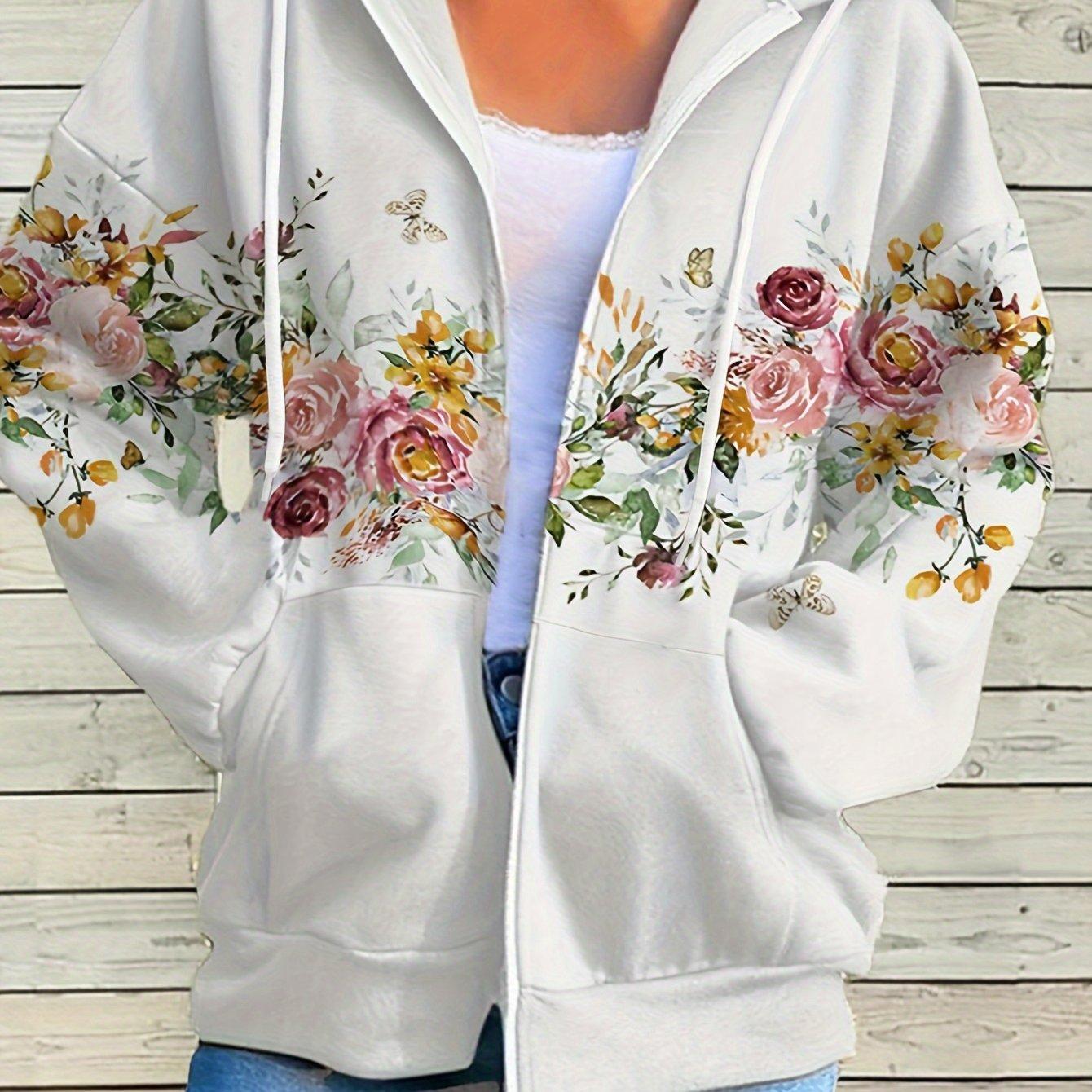 Sweatshirt mit Kängurutasche und lebendigem Blumendruck, langen Ärmeln, Reißverschluss und Kordelzug für lässige und bequeme Damenkleidung für den Alltag L