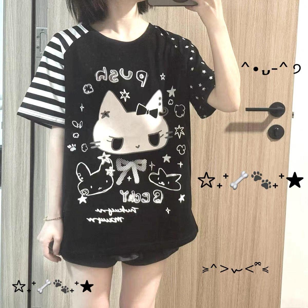 Übergroße Oberteile Japanische T-Shirts Damenbekleidung Sommer Lässig Y2k T-Shirts Mädchen Harajuku Niedlich Anime-Druck Lässige T-Shirts S schwarz