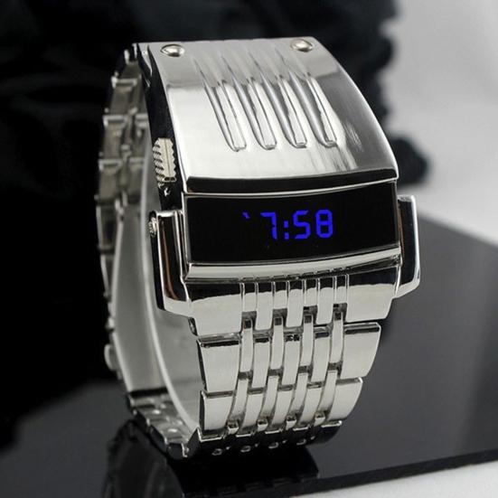 Yousheng LED-Anzeige, breit, Edelstahl, modisch, blaues Band, Herren-Digital-Armbanduhr, Geschenk silber