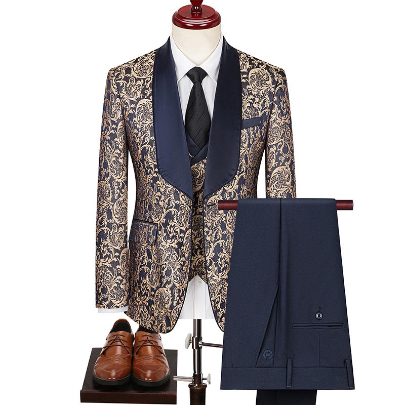 Frühling Herren (Anzug + Weste + Hose) Britischer Stil Business Casual Dreiteiler Hochdichtes Jacquard Hochzeitskleid XXL blau