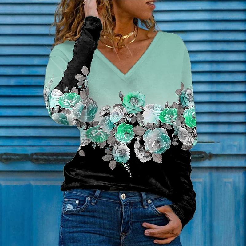 3D-Druck Rose Frauen T-Shirts Damen Tops Langarm V-Ausschnitt Pullover Femme T-Shirts T-Shirt für Frauen L grün