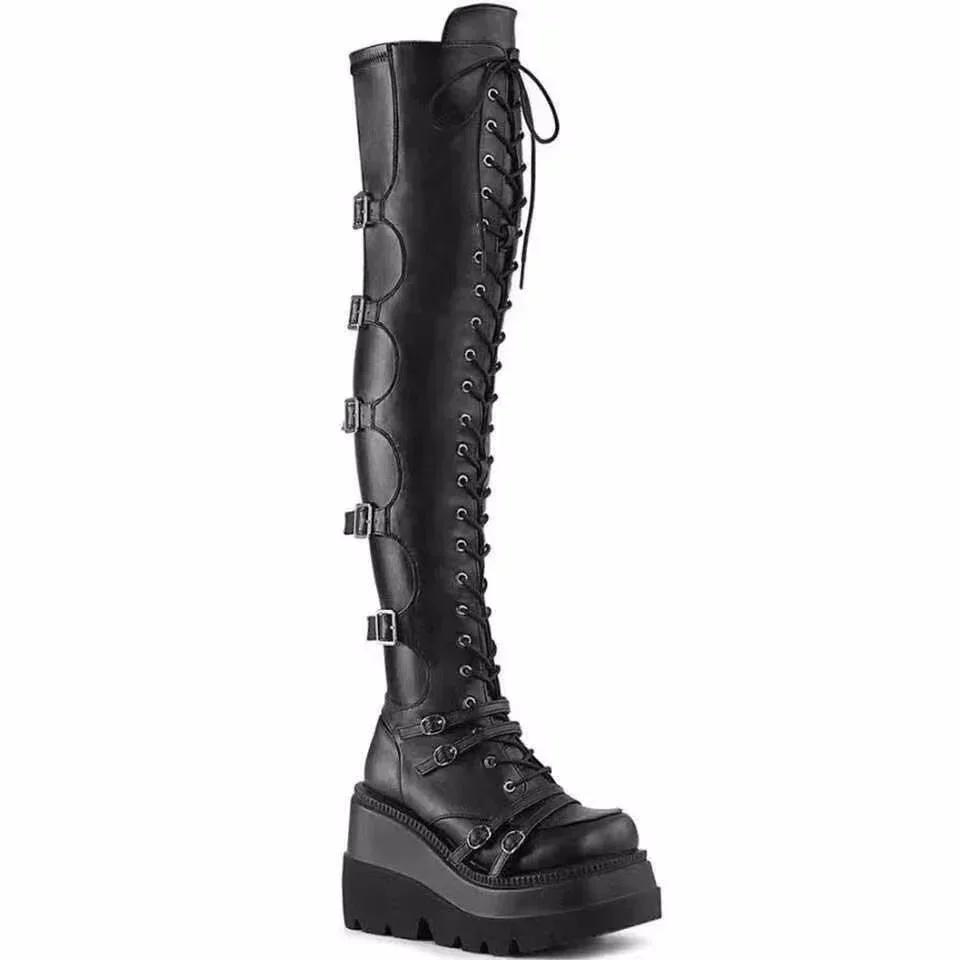 Mode Punk Overknee Stiefel Damen Plateauabsätze Gürtelschnalle Stiefel Motorrad Goth Schuh Oberschenkelhoch Flache Stiefel Übergröße 42 43 39