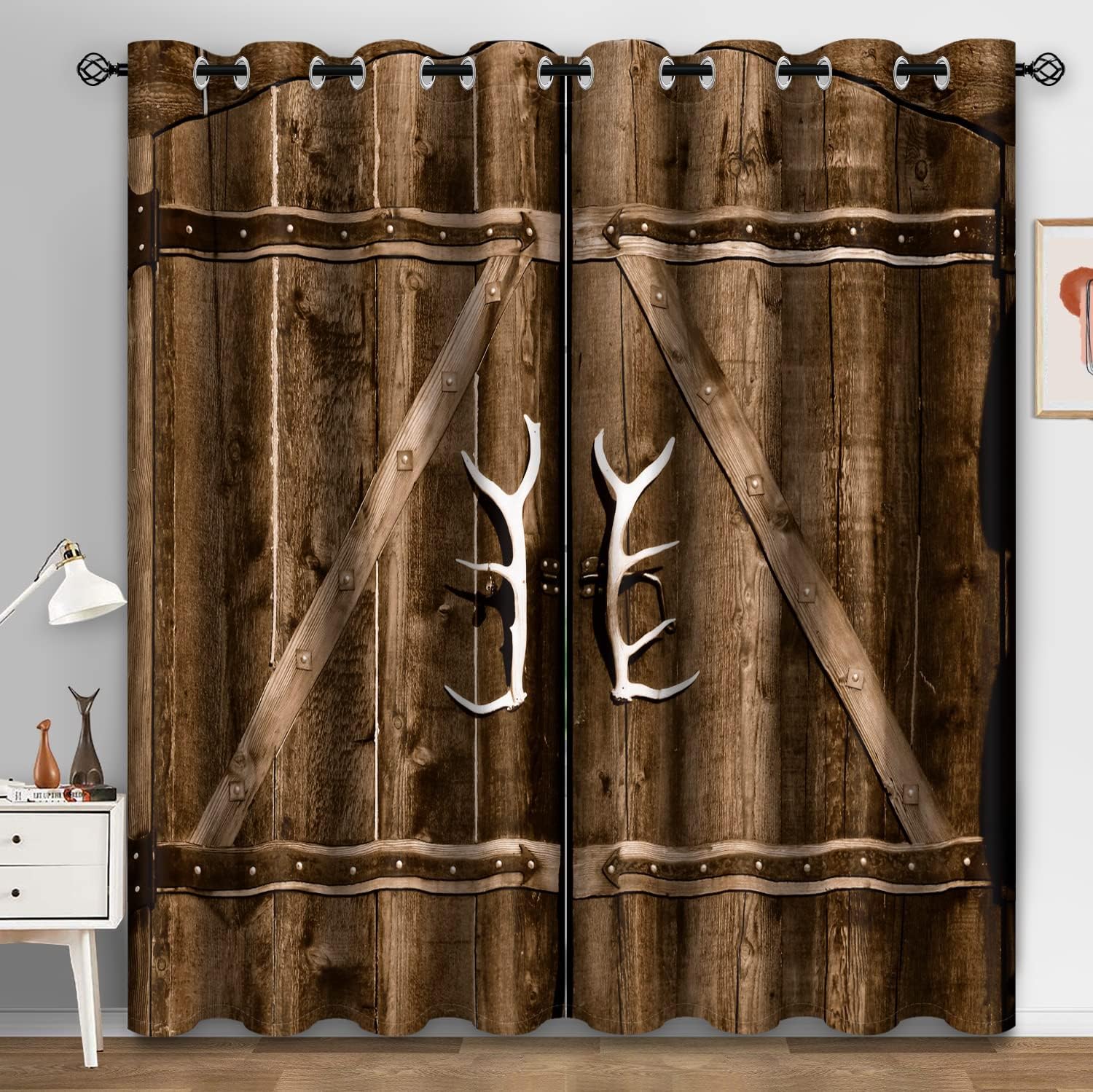 2 Stück Gardinen Western Bootsanker Dekoriert Holztüren Mit Stangentasche Gardinen Ideal für Küchen Cafés Schlafzimmer Jalousien Fensterscheibe 140W160H(CM)55x63in&Grommet Top brown