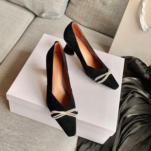 Mode Bogen Perle Party Schuhe Frauen Frühling Slip -On Spike Heels Pumps Frau Spitzschuh String Bead High Heels Schuhe 39 schwarz