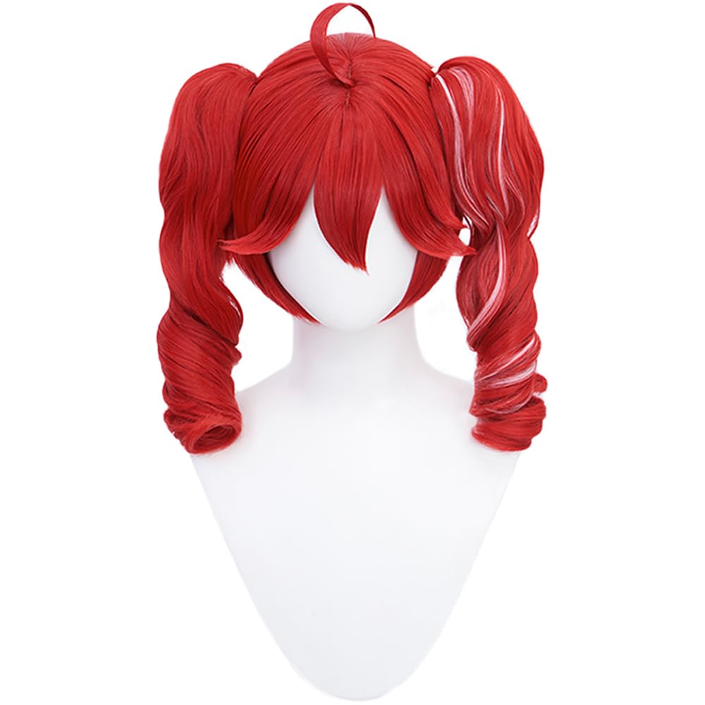 Miku Cosplay-Perücke mit Dutt, rote und pinke Zöpfe, hitzebeständig, perfekt für Cosplay, Fotografie, Festivals, verträumt, lockiges Haar