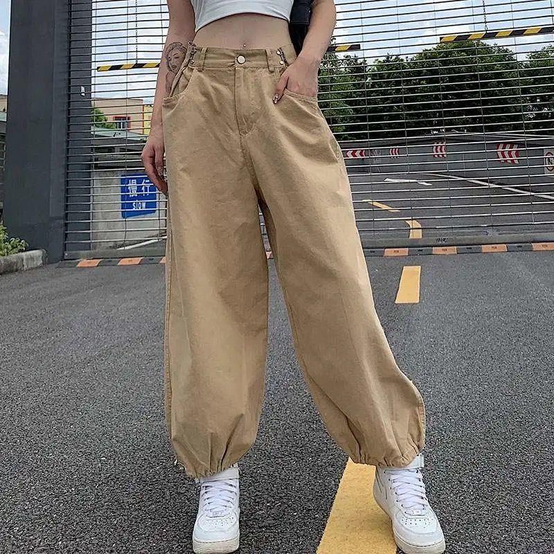 Lose Cargo Hosen Frauen Hip Hop Stil Hosen Hohe Taille Knöchel-Länge Hosen Streetwear Weibliche Overalls L khaki