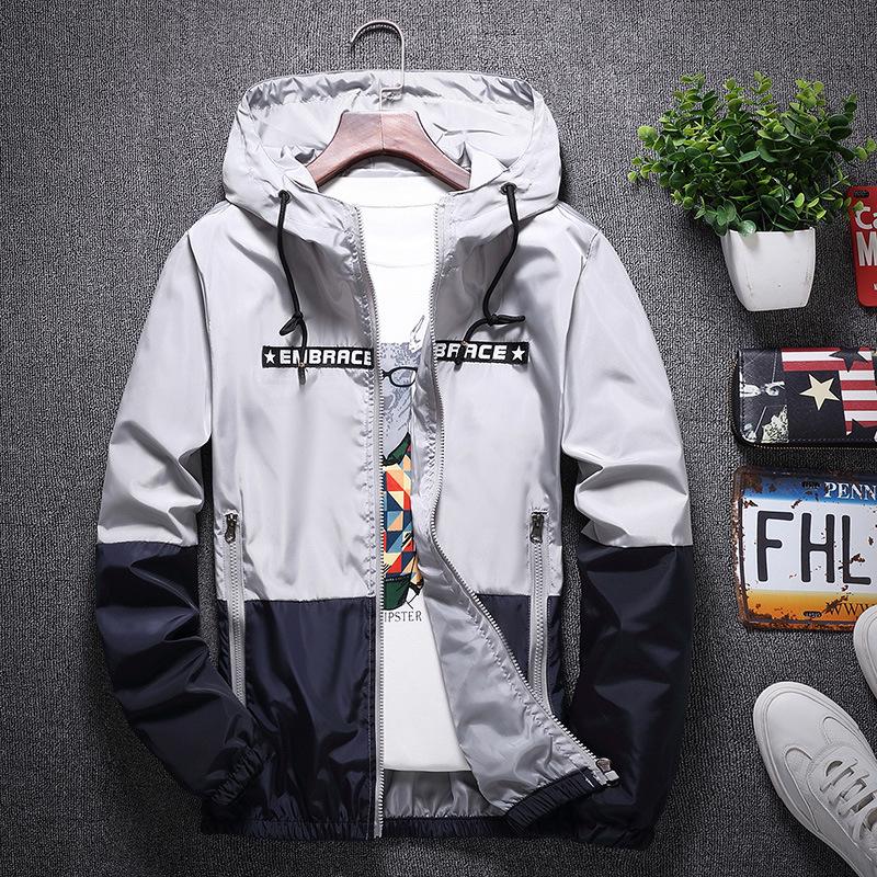 Frühling und Herbst Mode Color Blocking Herren Jacke Casual Trend dünne Student Windjacke Jacke Kapuzenjacke Top M grau