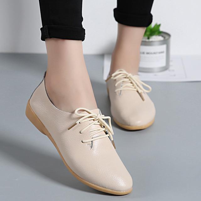 Echtes Leder Sommer Faulenzer Frauen Casual Schuhe Mokassins Weiche Spitz Damen Schuhe Frauen Wohnungen Schuhe Weibliche 42 beige