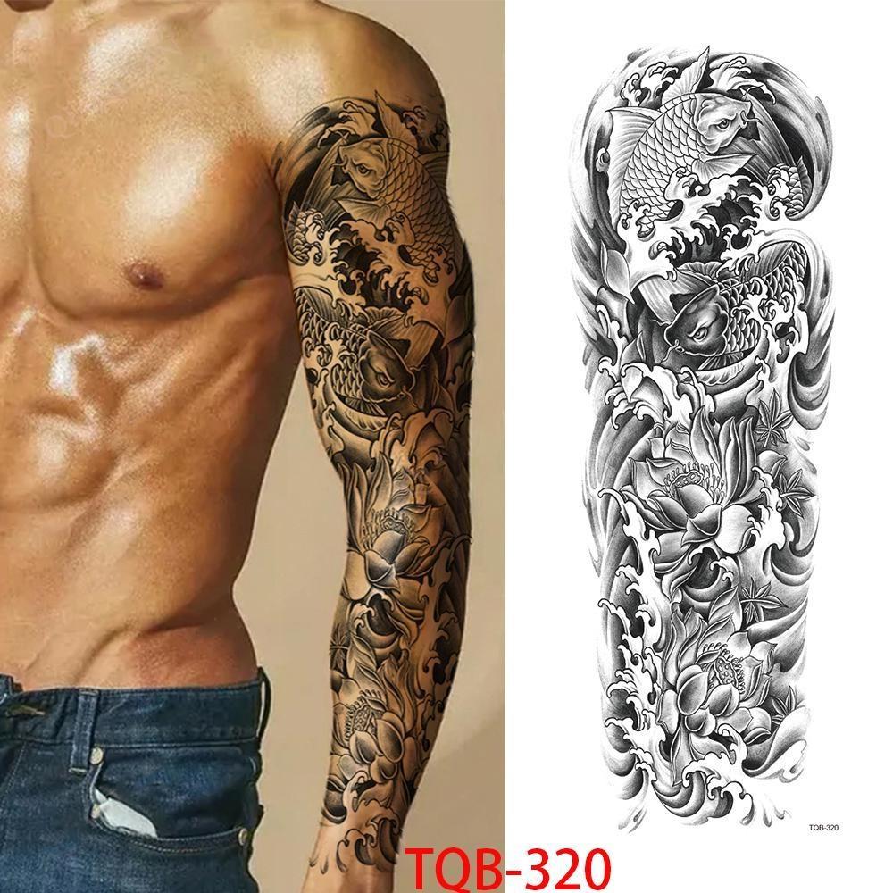 Neu 1 STÜCK 480*170 MM Super Großer Kompass Wolfskopf Auge Gefälschte Löwengott Feder Temporäre Tattoo Ärmel Für Männer Frauen Tattoo Vollen Arm Tattoo Aufkleber TQB-320