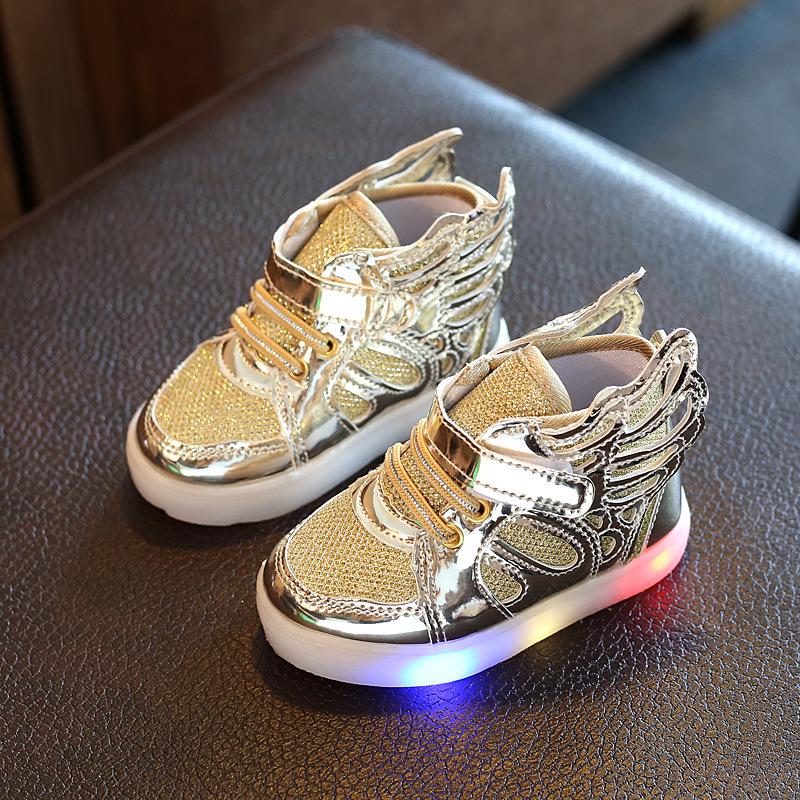 Kinder Neue Frühling Herbst LED Leuchtende Blinkende Schuhe Flügel Kinder Schuhe Schatz Schuhe Jungen Mädchen Casual Sport Schuhe 28  17CM gold