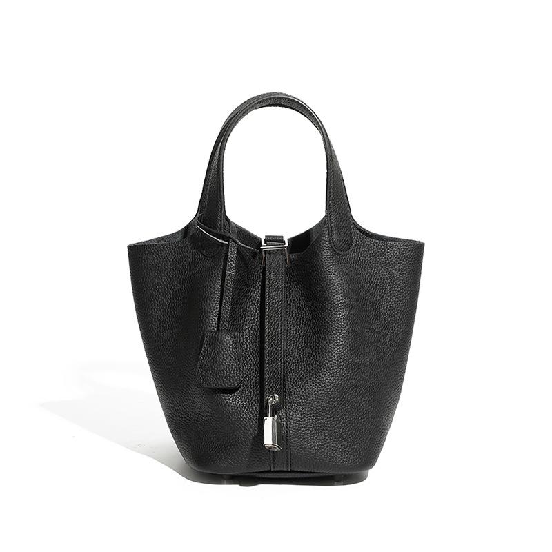 Damentasche aus echtem Leder, Gemüsekorb-Tasche, Modische Handtasche, Eimer-Tasche mit Litschi-Muster, Damen-Tasche One Size schwarz