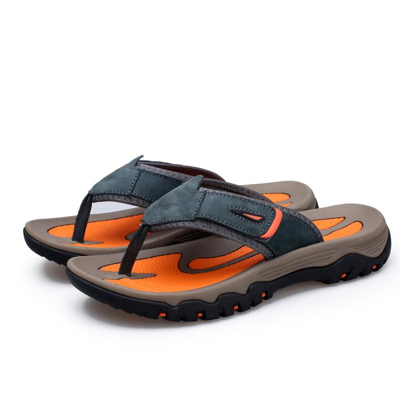 38-47 Sommer Echte Leder Herren Flip-Flops Rutschfest Handgefertigte Leder Pantoffeln 45 blau/graue