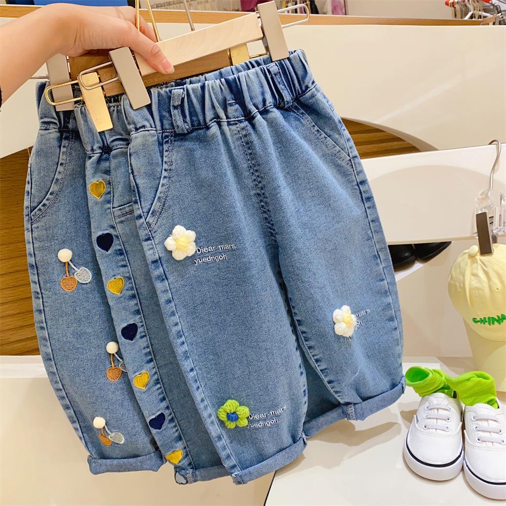 Bestickte Blumenmädchen-Jeans, Baby-Jeans für Jungen, Kinder-Jeans, Mädchen-Hosen, Daduhey-Hose mit weitem Bein, Haremshose, Kleiderunterteile 130cm