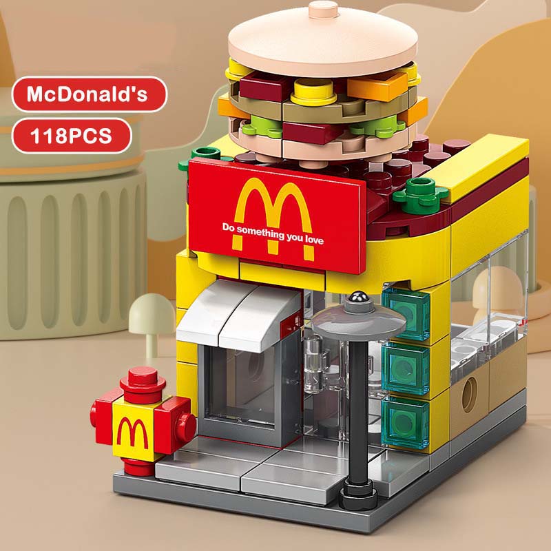 Coca-Cola Street View zusammengebautes Blockpuzzle Stadtgebäudemodell Geschenkspielzeug für Kinder McDonald-118Pcs