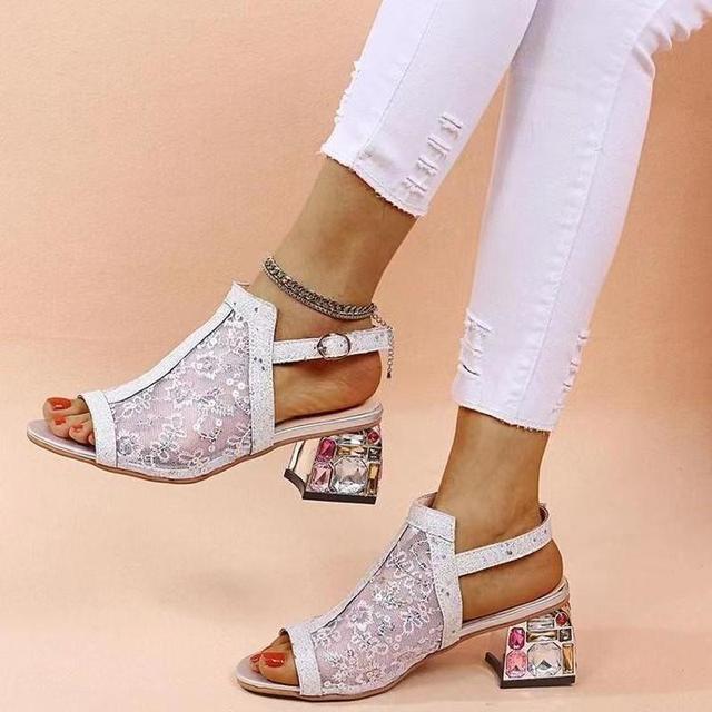Neue Frauen Sommer Sandalen Mode Strass Sandalen Damen Schnalle Medium Ferse Sandalen Frauen Schuhe Für Frauen 38 silber