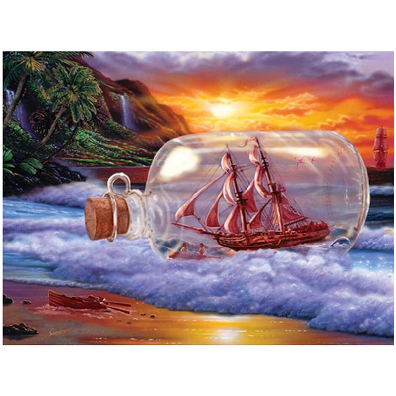 Diamond Painting Vollrund Segelboot in Flaschenpost Kreuzstich Strand Sonnenuntergang Ansicht Strass 20X30CM