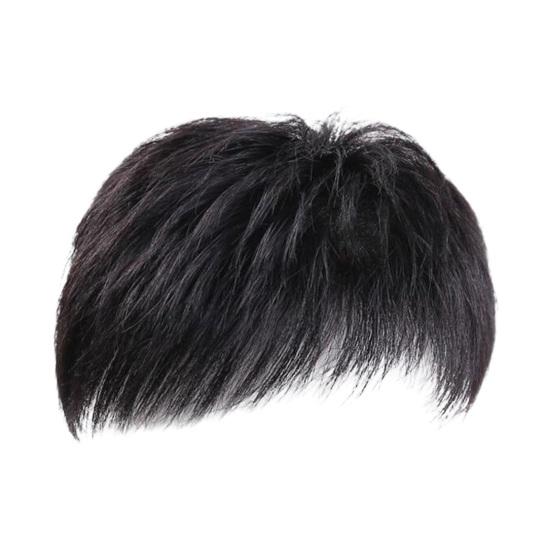Kurzes, glattes Topper-Haarteil für Männer mit Pony, kahle Stellen, Abdeckung grauer Haare, natürliche Hochtemperaturfaser, schwarze Herrenperücke, Kunsthaar schwarz
