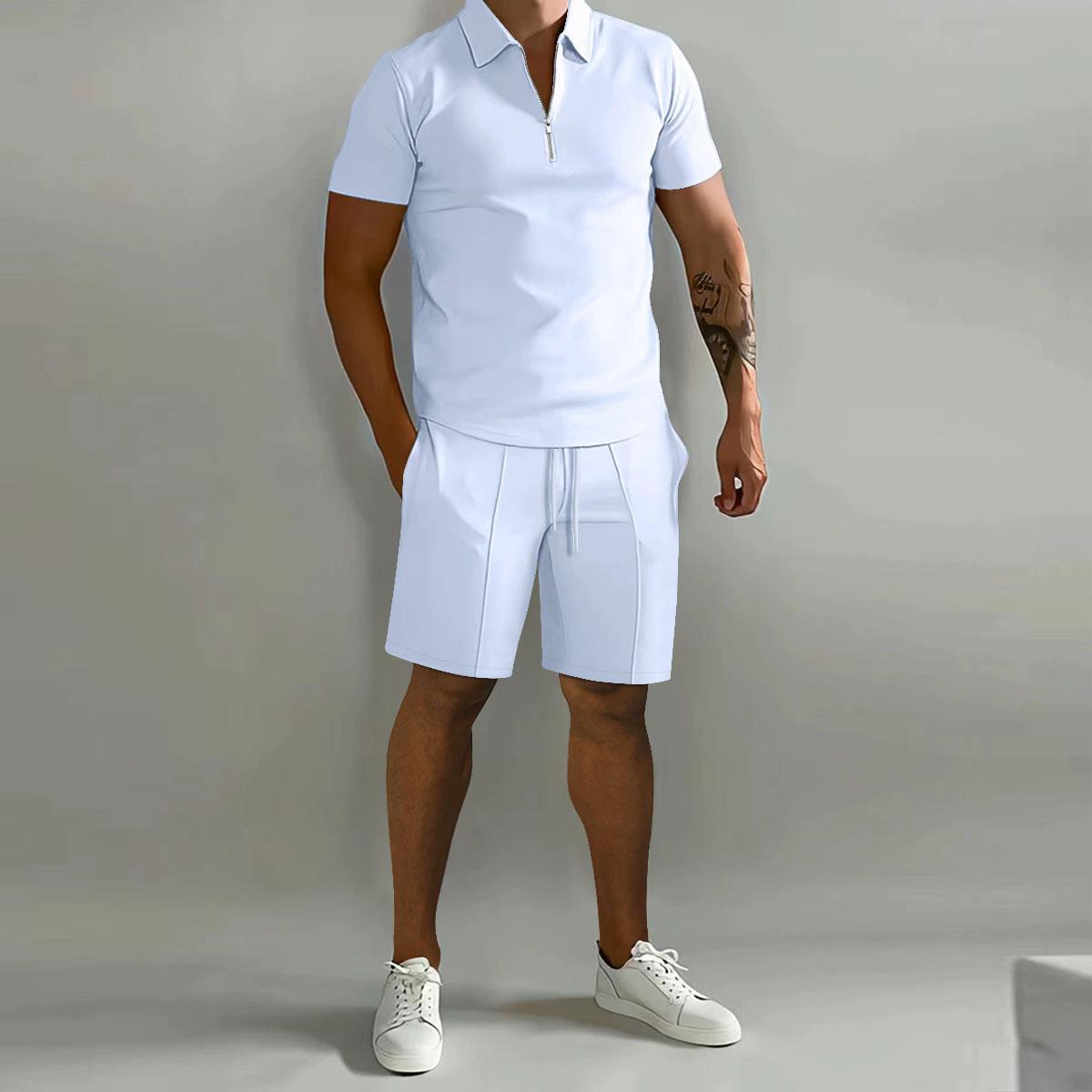 Frühling und Sommer Herren Sets Revers Kurzarm Polohemd Sporthose 2-teilige Anzüge für Herren M weiß