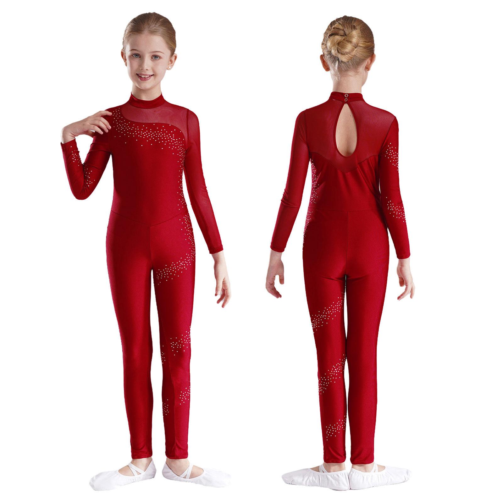 Kinder Mädchen Strass Langarm Ganzkörper Jumpsuit Strampler Turnanzug Unitard für Ballett Tanz Gymnastik 11-12 Years bordeaux