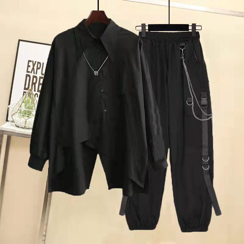 Frauen Streetwear Zwei-stück Anzug Splice Kette Lange Hülse + Band Kette Hosen Harajuku Cargo Hosen 2 Stück Sets frauen Outfits S schwarz