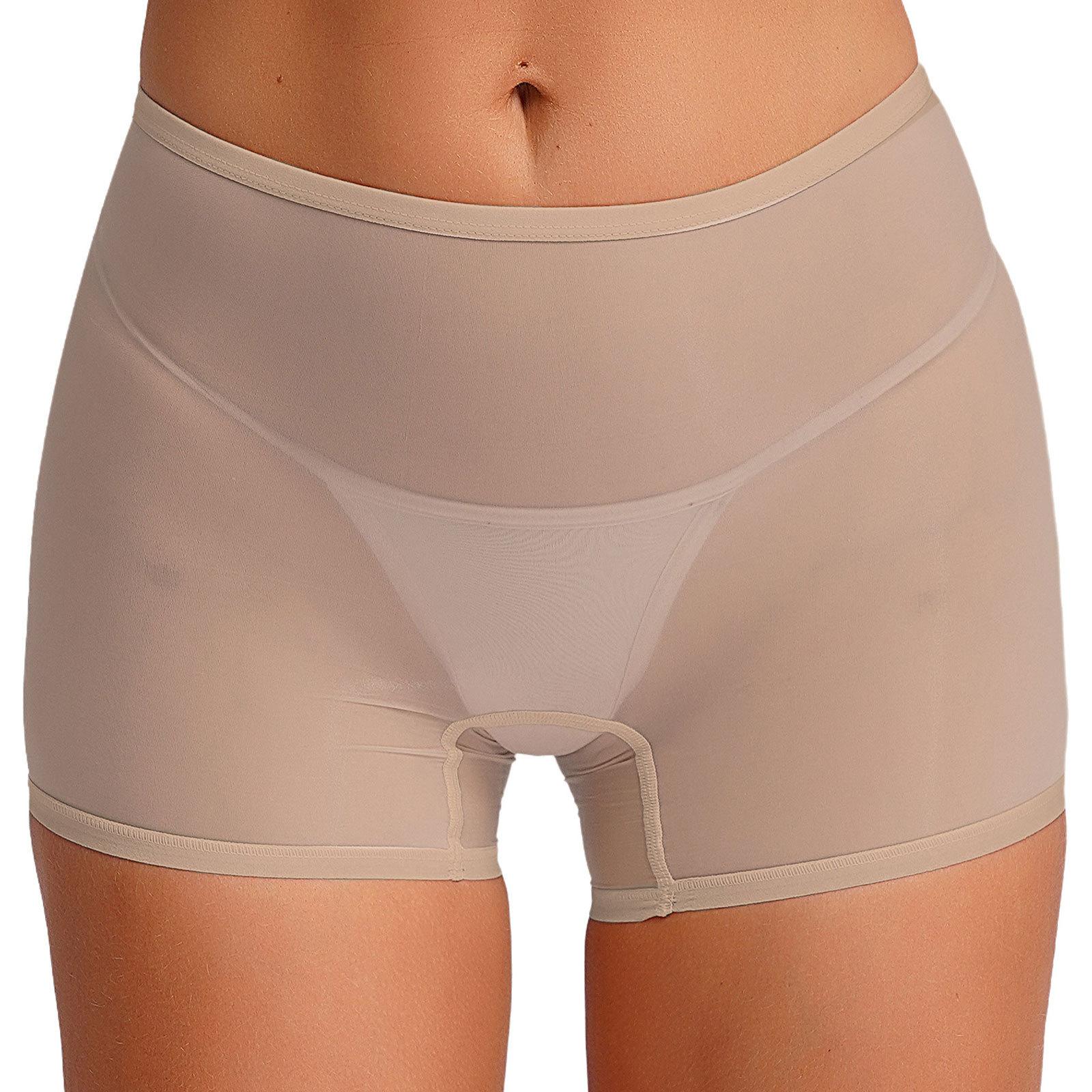 Damen Sheer Boyshort Unterwäsche Glänzend Dehnbar Hüfttiefes Design Bequeme Lingerie Slips Alltagskleidung One Size nude