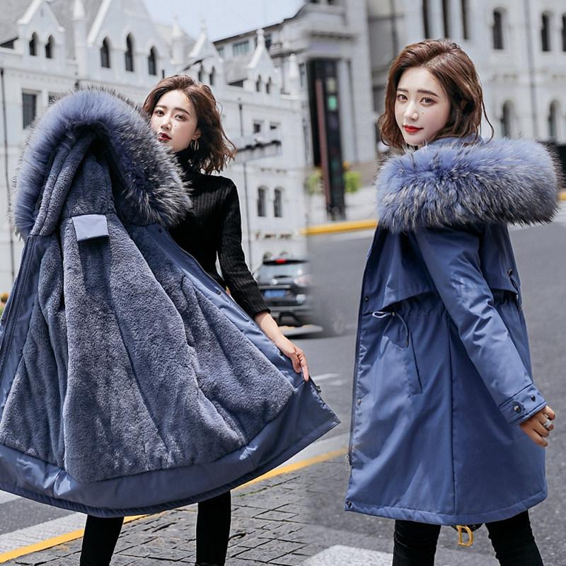 Frauen Herbst Winter Jacke Mantel Parka Verdicken Baumwolle Liner Mittel Lange Mit Kapuze Pelz Kragen Verstellbare Taille Einfarbig M-6XL XXXL blau