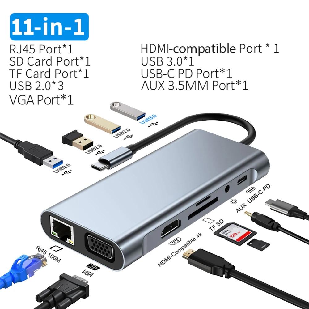 11 IN 1 USB C Hub Typ C Docking Station zu HDMI-kompatibel USB 3,0 Adapter PD 3,5mm Audio TF Kartenleser Volle Funktion Hub USB C Splitter