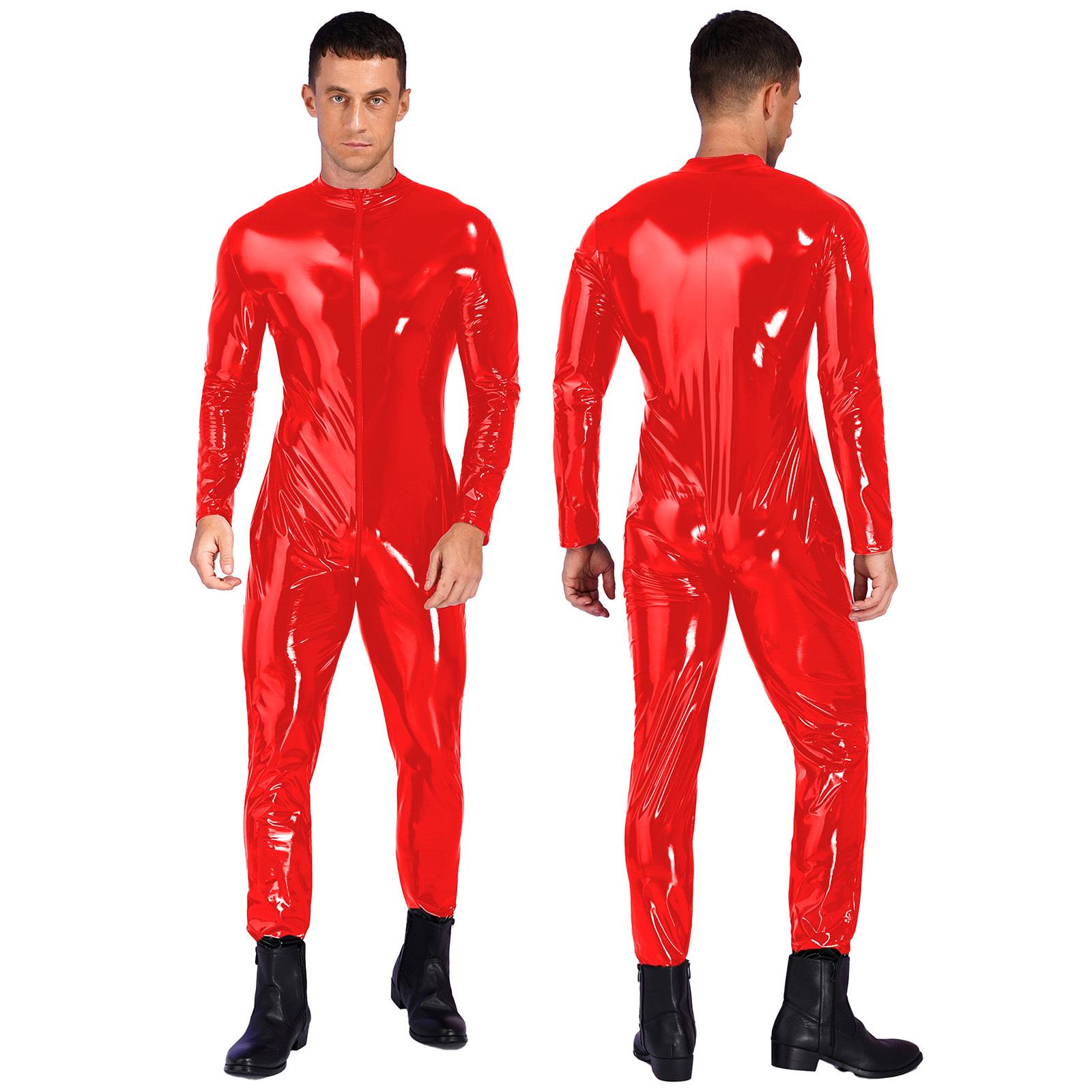 Herren-Overall aus glänzendem Lackleder, Stehkragen, lange Ärmel, Reißverschluss, Body, Catsuit XL rot