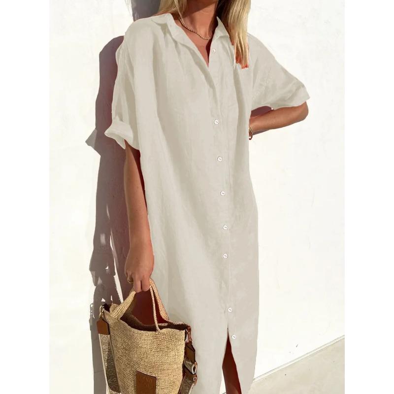 YYFS Damenmode Sommer Frühling Einfarbig Druck Kurzarm POLO-Kragen Lockere Taille Freizeitkleider M apricot