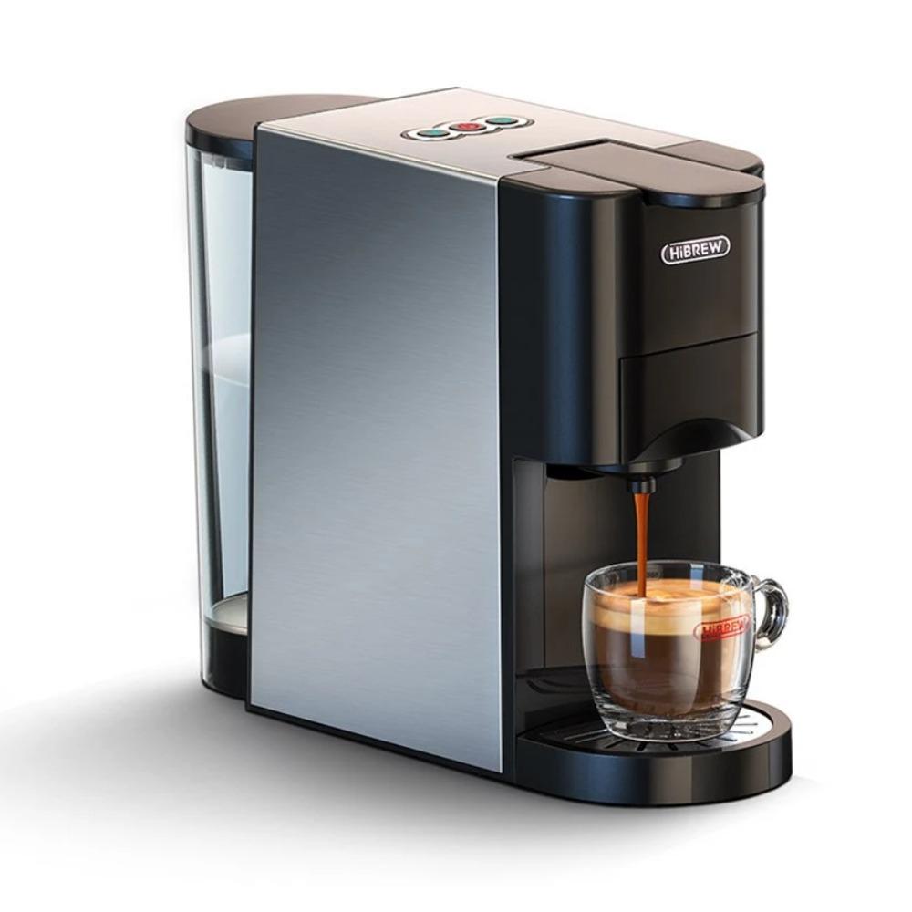 HiBREW H3A Kapsel-Kaffeemaschine 5 in 1 Kaffeemaschine, 19 bar Druck, Kalt-/Heißmodus, 800 ml Wassertank, Trockengehschutz silber