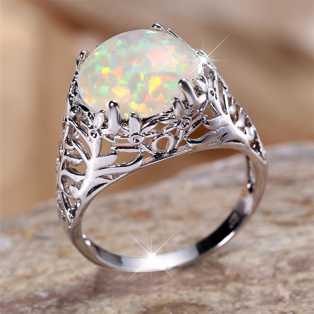 Weißer Feueropal Großer Runder Stein Vintage Hohlringe Für Damen Mode Kupferfarbe Verlobungsringe Schmuck Weihnachtsgeschenke 7 white