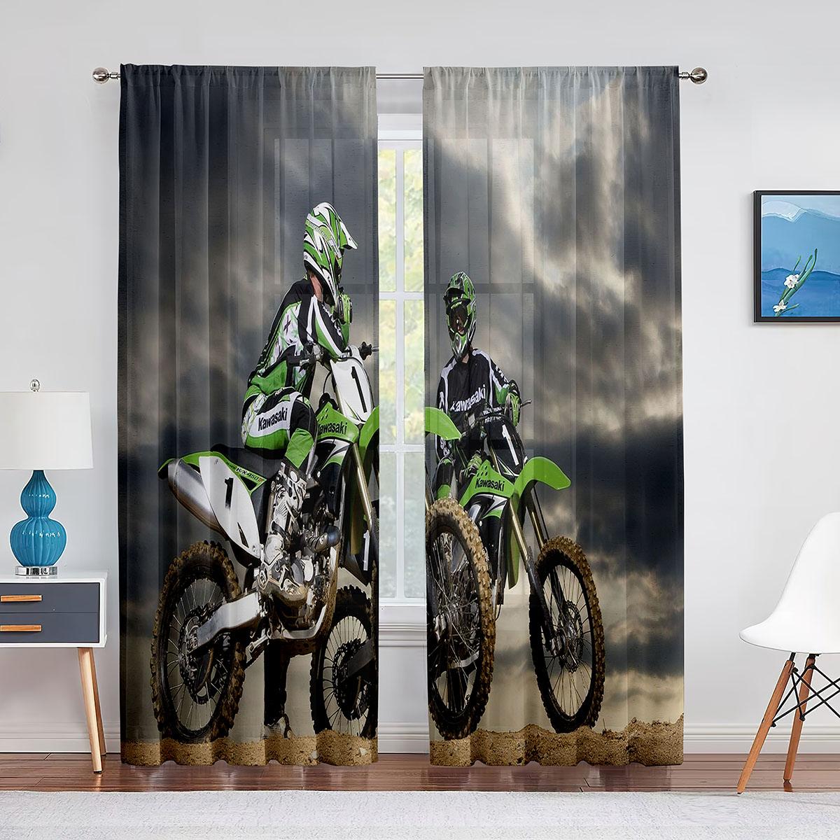 Tüllvorhänge mit Motiven von Dirtbike-Motorrad-Motocross-Fahrern für Jungen und Männer, Schlafzimmer, Wohnzimmer, Küche, Extremsport, transparenter Voile-Vorhang W60X150H(cm)x2Pcs&Grommet Top