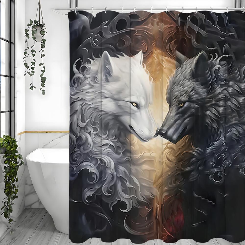 Schwarz-Weißes Wolfspaar Spiel Duschvorhang, Dekorativer Duschvorhang für das Badezimmer, Wasserdichter Duschvorhang mit Haken 90*180cm