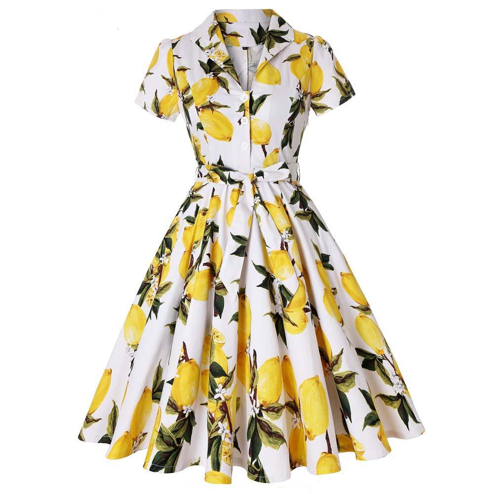 Revers, offener Kragen, kurze Ärmel, frischer Druck, Schnürkleid mit Gürtel, Retro-Rockabilly-Prinzessinnen-Cosplay-Kleid für Damen M