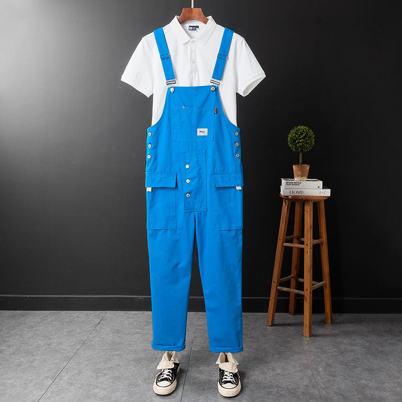 Mode für Männer Jumpsuit Latzhose Einfarbig Jogger Taschen Streetwear Lose Baumwollriemen Hosenträger Herren Cargo Overalls Strampler M himmelblaue