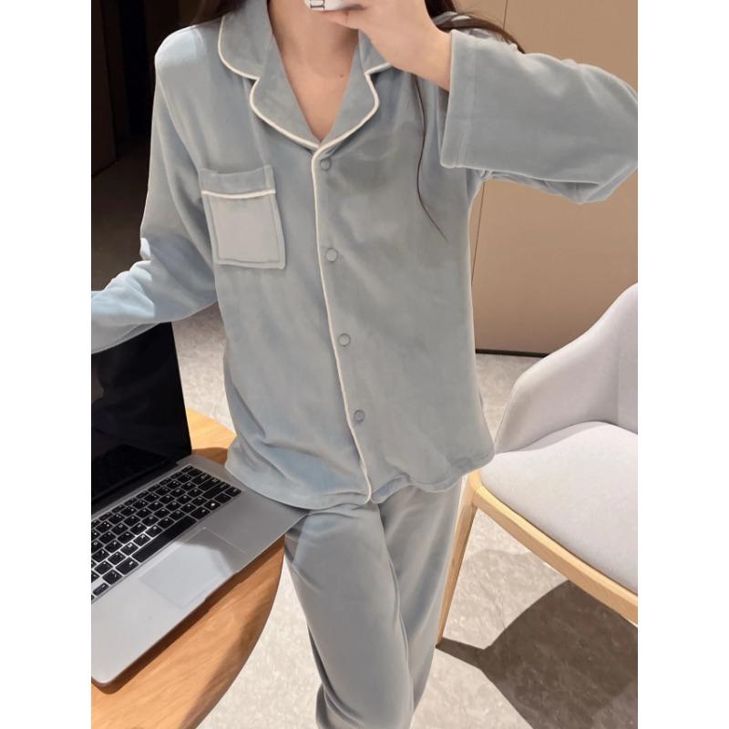 Winter-Cardigan-Pyjama, einfache Langarmhose, zweiteiliger Pyjama, lockere, lässige, verdickte Heimkleidung, warmer Flanell-Pyjama XL