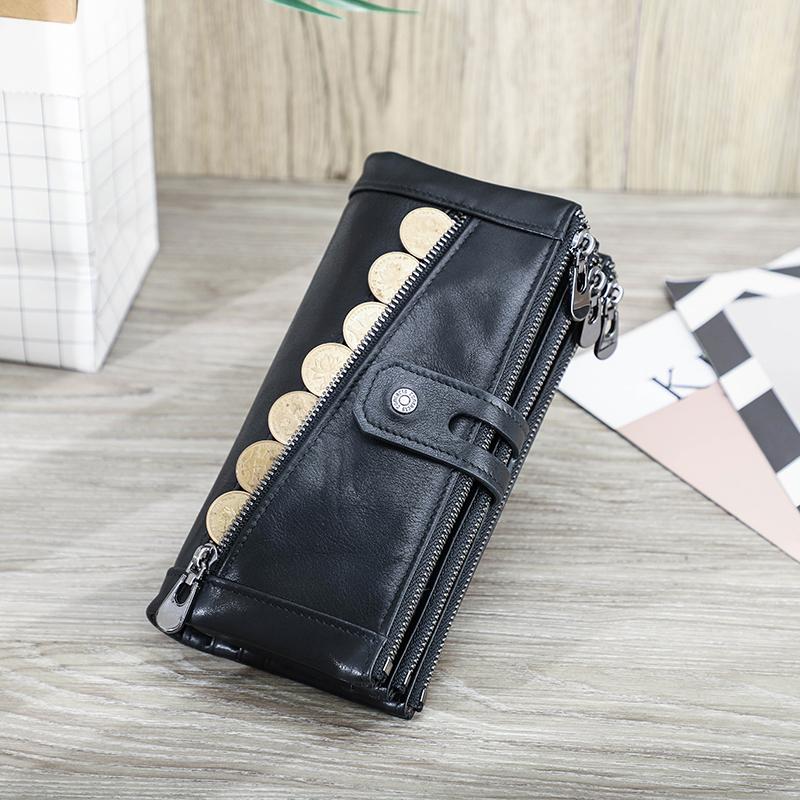 CONTACT'S Echtleder-Geldbörse, lange Clutch-Tasche für Damen, mit Reißverschluss, Handytasche, Münzgeldbörse, hochwertiger Kartenhalter schwarz