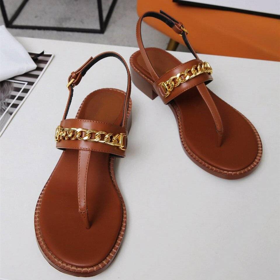 Prowow Sandalen Frauen Kette Dekor Echtes Leder Flip-Flop Slides Mode Luxus Marke Designer Frau Schuhe frauen sandalen 42 braun