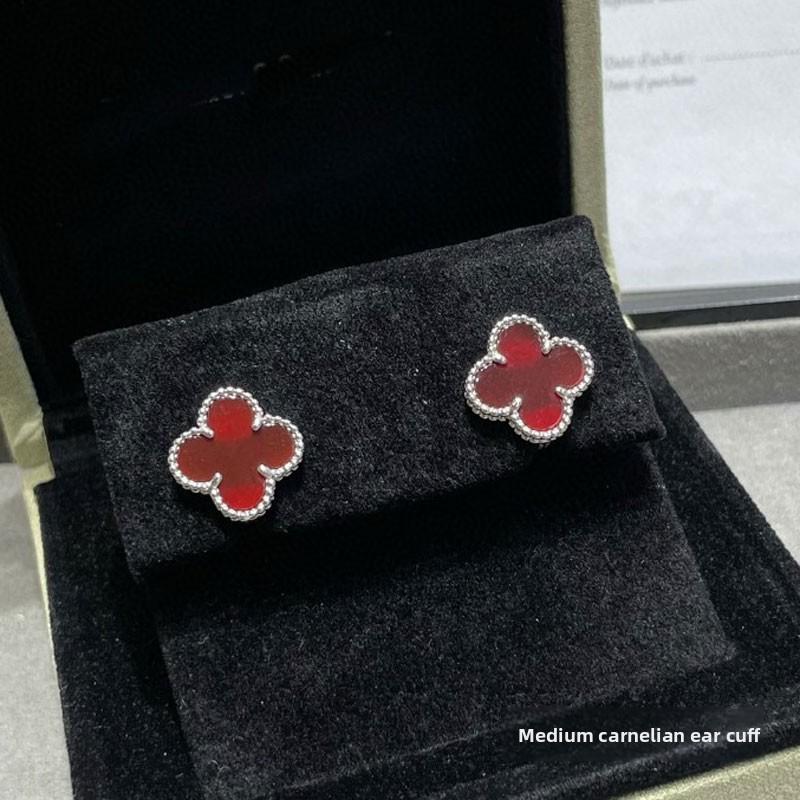 Hochwertige vierblättrige Kleeblatt-Ohrringschließe Ohrringe aus weißem Perlmutt Ohrringe aus rotem Chalcedon Ohrringe aus schwarzem Achat black