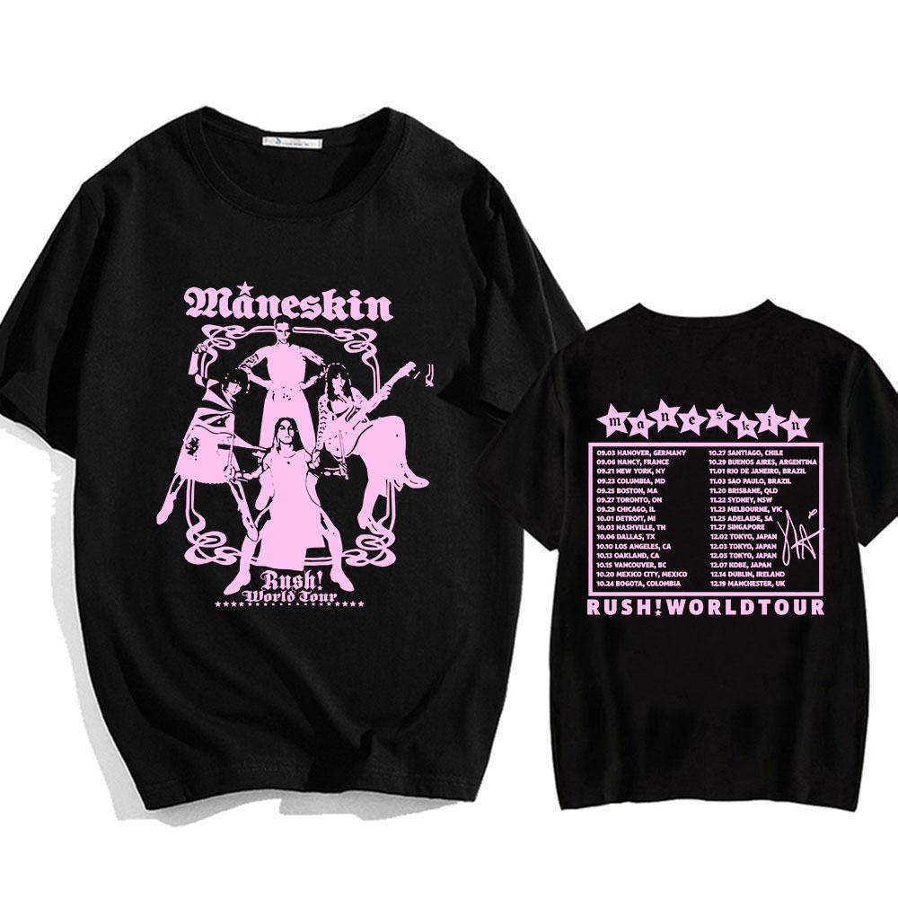 Maneskin Rush World Tour T-Shirts Lässiger Sommer Hochwertiges Baumwoll-T-Shirt Männer Frauen Grafikdruck T-Shirts XS