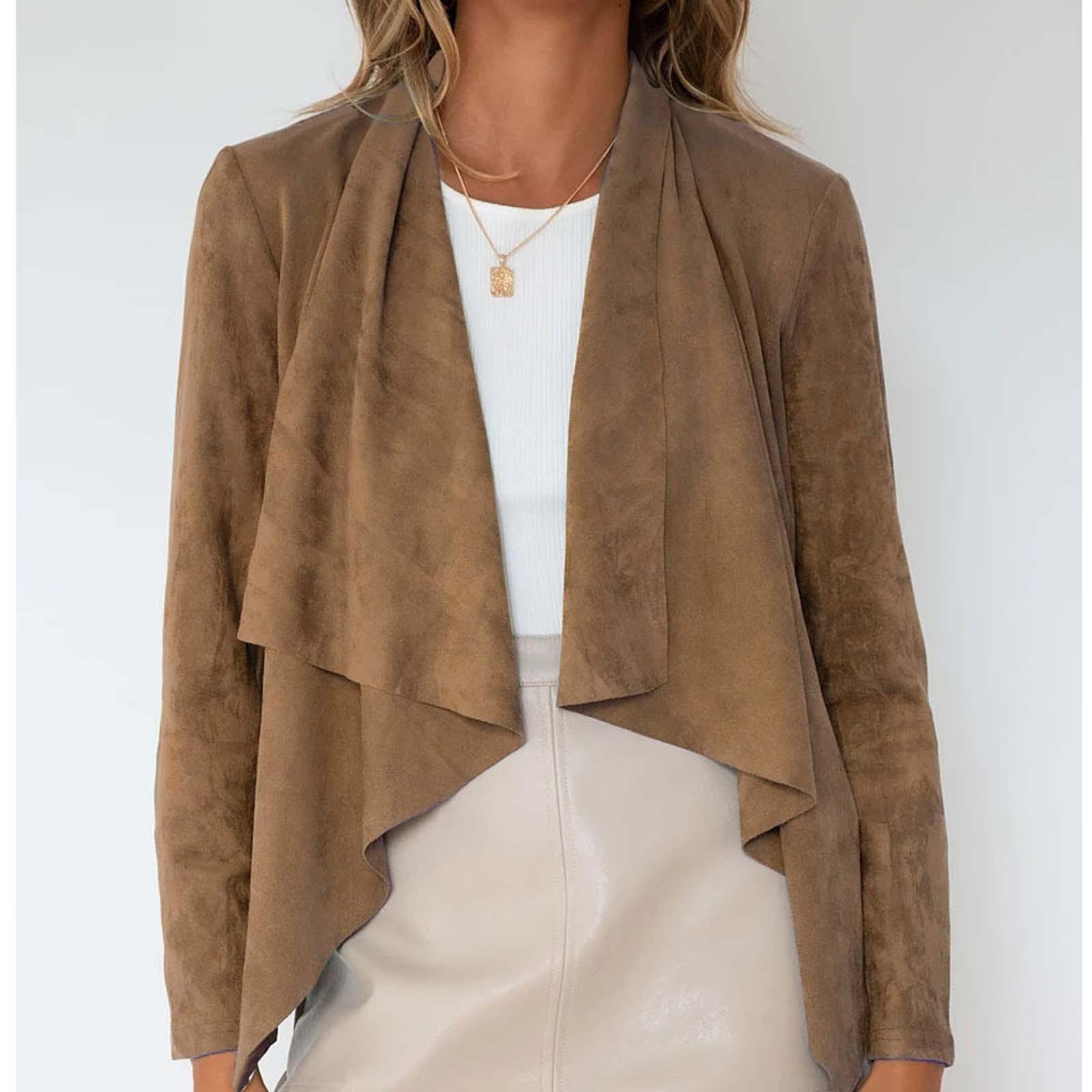Lässige, einfarbige, langärmlige Jacke mit Hirsch-Imitat für Damen, modische, lockere Jacke S braun