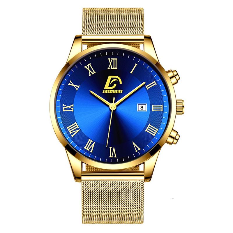 Modische Herrenuhren, luxuriöse Edelstahl-Kalender-Quarz-Armbanduhr für Herren, Business-Casual-Uhren blau/gold