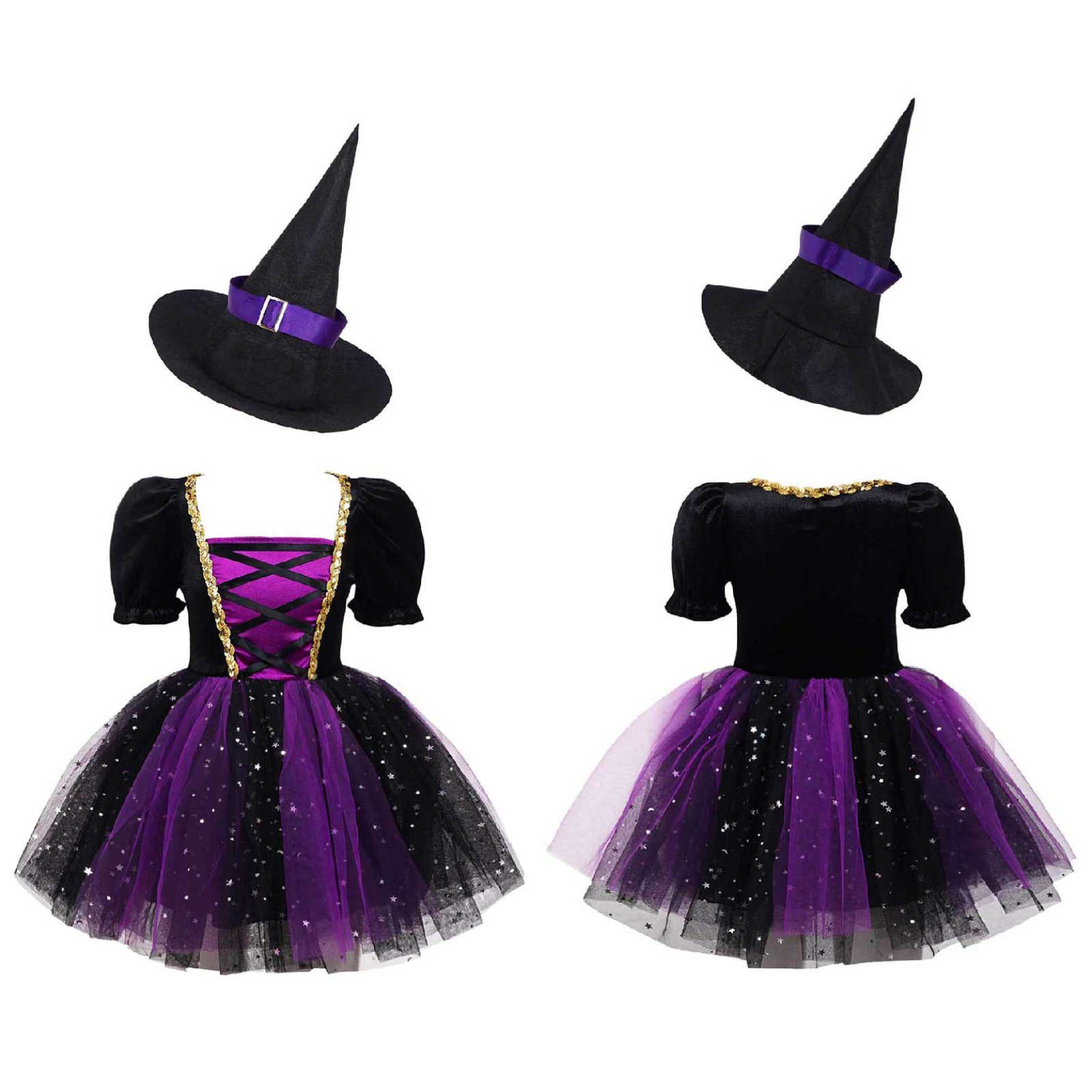 Kinder Mädchen Hexenkostüm Halloween Cosplay Kleid Glitzerndes Mesh Tutu Kleid mit spitzem Hut Set für Karneval Party Dress Up Kleidung 7-8 Years violett