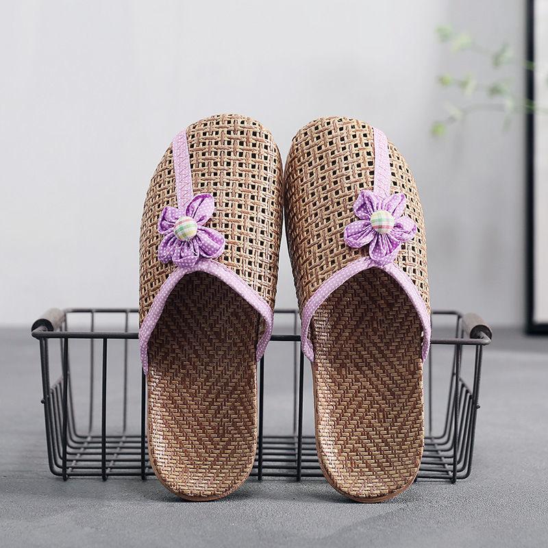 Leinen Gewebte Pantoletten Damen Outdoor Schuhe Sommer Dicksohlige Rutschfeste Sandalen Indoor Gras Rattan Atmungsaktive Hausschuhe Outdoor Strand Flip-Flops 39-40 violett
