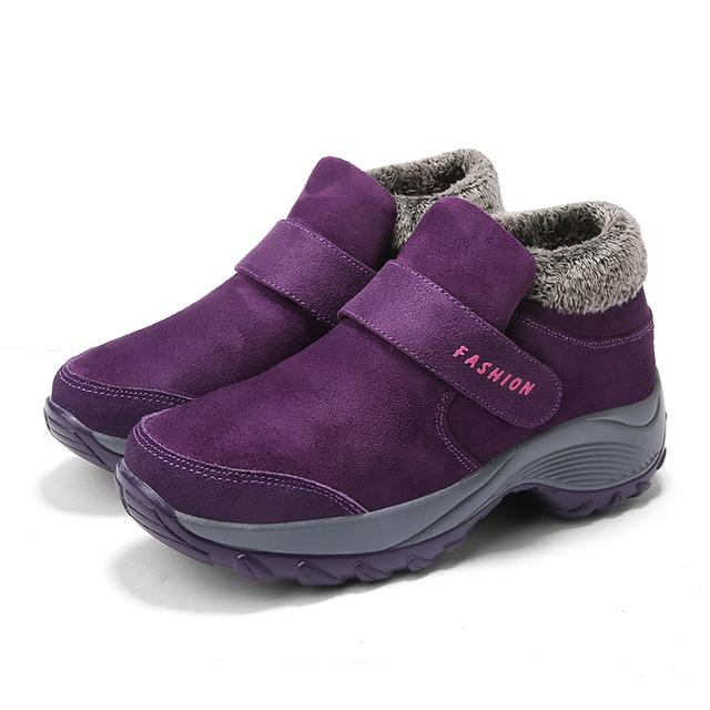 Wildleder Damen Stiefeletten Winter Plüschgefüttert Outdoor Wanderschuhe Damen Klettverschluss Wanderschuhe Klasse Uni Baumwollstiefel 36 violett