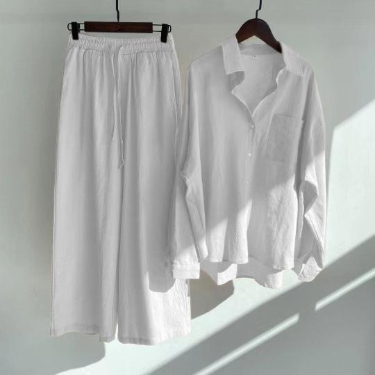 Damen zweiteiliger Anzug Retro Plus Size Baumwolle Leinen Hemd Anzug Hohe Taille Lose Hosen für Frauen XXXL weiß