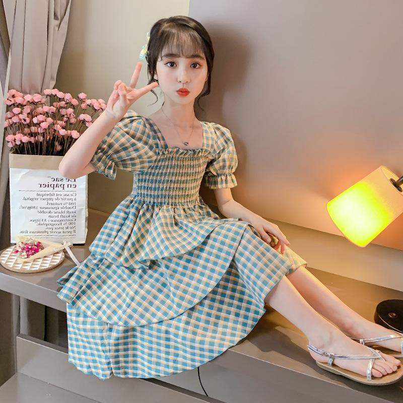 Mädchen Kleider Sommer Kinder Plaid Kuchen Rock Kleines Mädchen Prinzessin Rock Geeignet für mittlere und ältere Kinder 160 grün