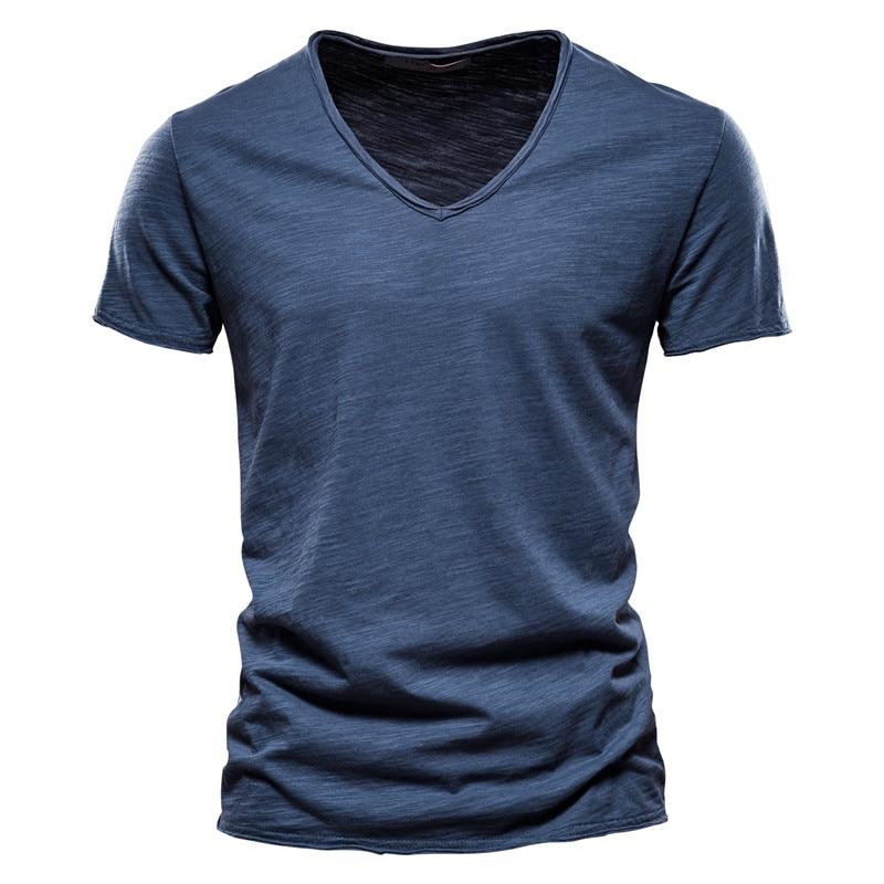 AIOPESON Sommer 100% Baumwolle Elastizität T Shirt Männer Casual Weiche Fitness Shirt Männer T Shirt Tops T Shirts V-ausschnitt kurzarm T-shirt Männer L dunkelblau