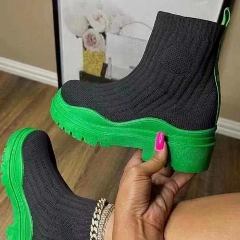 Übergröße Damen Schuhe Knöchel Damen Stiefel Plateau Stretch Stiefel Damen Runde Zehenpartie Slipper Mittelhoher Absatz Gestrickte Schuhe Damen 35 grün