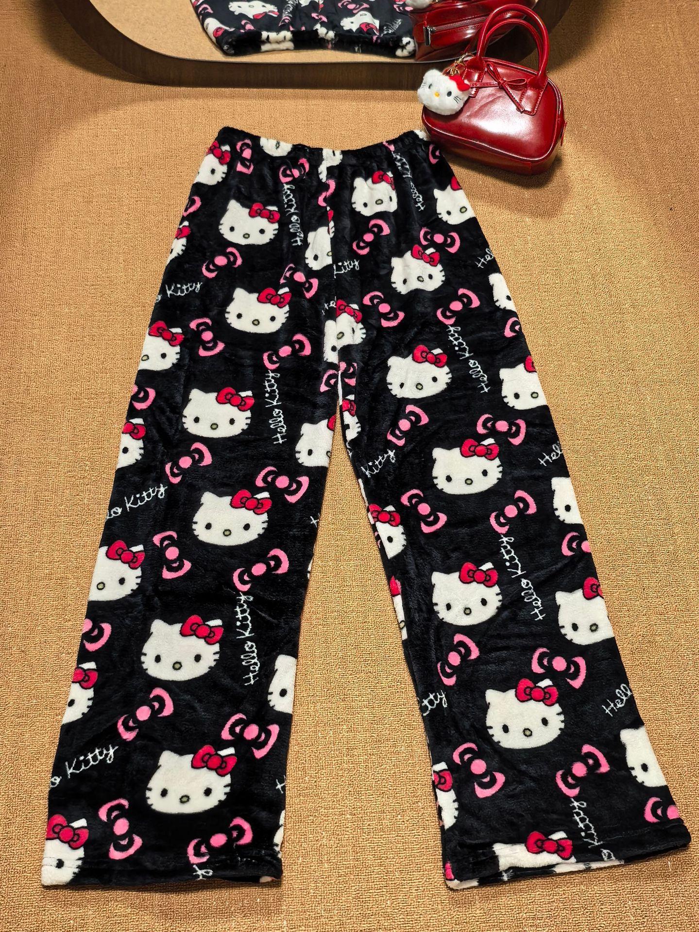 Große Größen Hello Kitty Schlafhose Niedliche Cartoon Loungehose für Damen Bequeme Lockere Baumwolle Pyjamahose Sommer Dünn L white